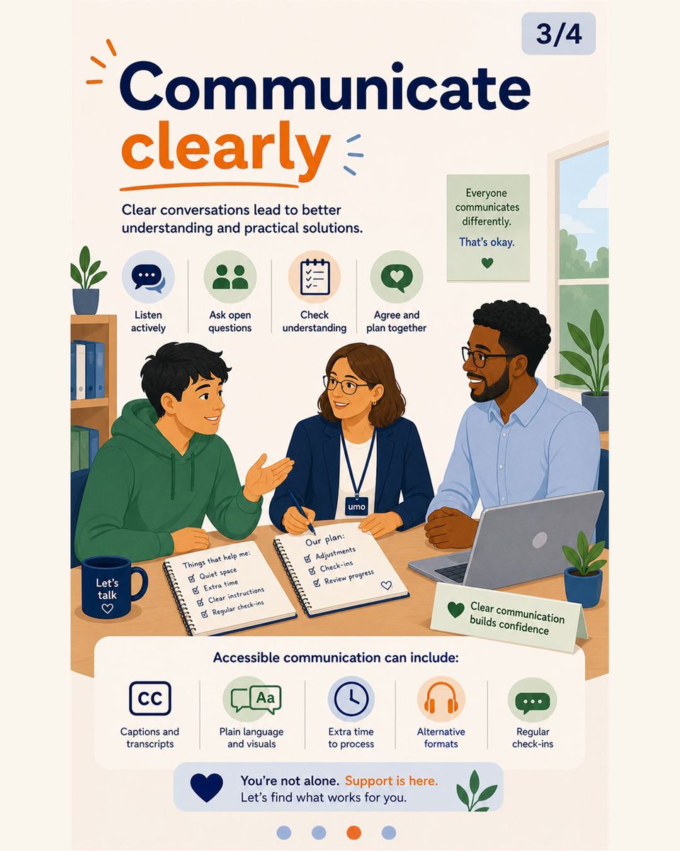 umo_uk's tweet photo. Inclusive adjustments work best when needs are understood, communication is clear and review is built in. #Inclusion #OneSpace #UMO https://t.co/fou05xVLzA