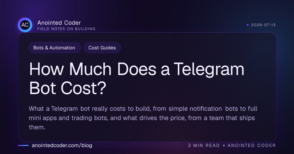 AnointedCoderr's tweet photo. How Much Does a Telegram Bot Cost?

What a Telegram bot really costs to build, from simple notification bots to full mini apps and trading bots, and what drives the price, from a team that ships them.
https://t.co/vd1j8z7BJ5
#BotsAutomation #CostGuides https://t.co/MlWNiyfQz8