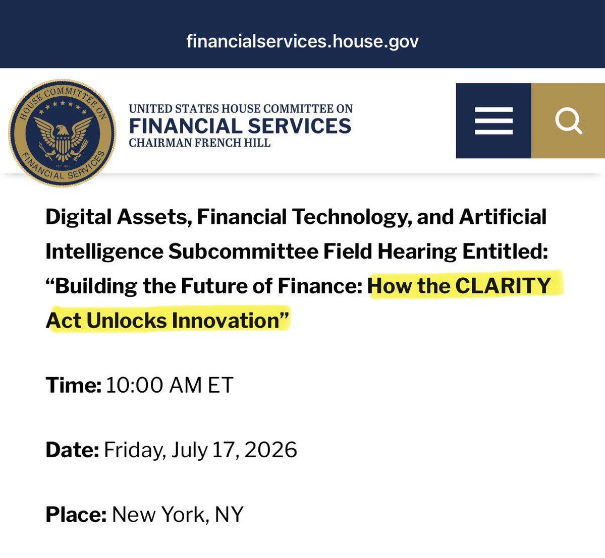 AltcoinKingpin's tweet photo. 🇺🇸 The U.S. House will hold a hearing on the Crypto CLARITY ACT in just 4 days, on July 17. https://t.co/euEulpNkxd