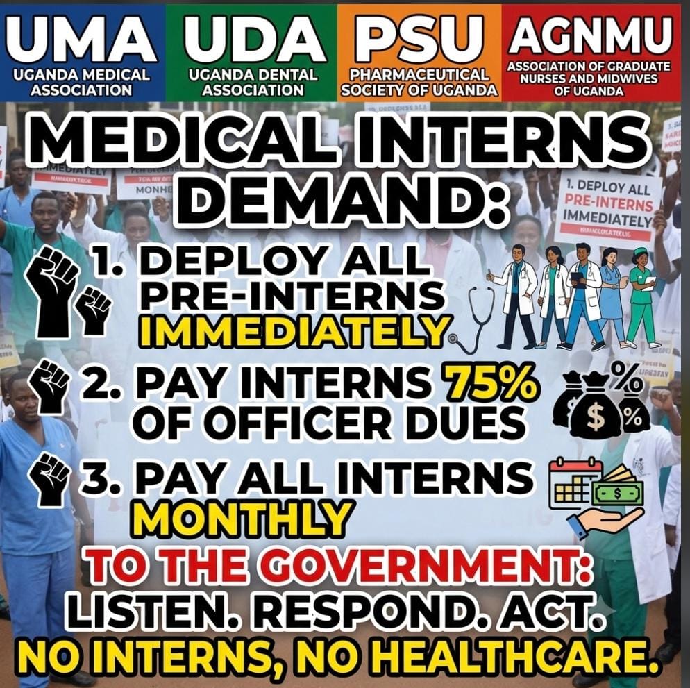 KagaheJamadah's tweet photo. Our demands are simple. 

1.Deploy all pre Interns immediately 
2. Pay interns 75% of officer dues
3. Pay all Interns Monthly

@GovUganda please listen, respond and act.

No interns, No health care.

#PayAllMedicalInterns https://t.co/YpCRwUYHHt