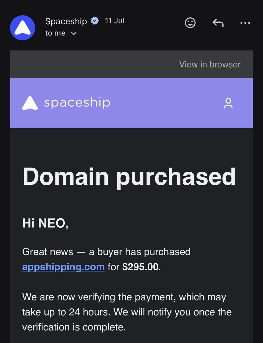 neokiddomains's tweet photo. 🚀 Spaceship keeps delivering! 📦✨

Another premium domain has officially found its new owner! 🎉

https://t.co/PyQqA6gFK9 has been sold for $295! 🚀

Every sale is another step forward, and it’s great to see Spaceship joining the Neo Kid success story. 💙

Looking for the perfect brand? Thousands of premium domains are waiting for their next owner. 🌍

#NeoKid #Spaceship #DomainSold #AppShipping #DomainNames #PremiumDomains #BrandableDomains #Startup #Entrepreneur #Business #DomainInvestor #DomainInvesting #DigitalAssets 🚀💙