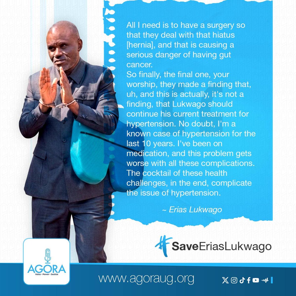 GodwinTOKO's tweet photo. “All I need is to have a surgery so they deal with that hiatus (hernia), and that is causing a serious danger of having gut cancer.”  ~ Erias Lukwago.

#FreeEriasLukwago
#SaveEriasLukwago https://t.co/sd2xnhwlox