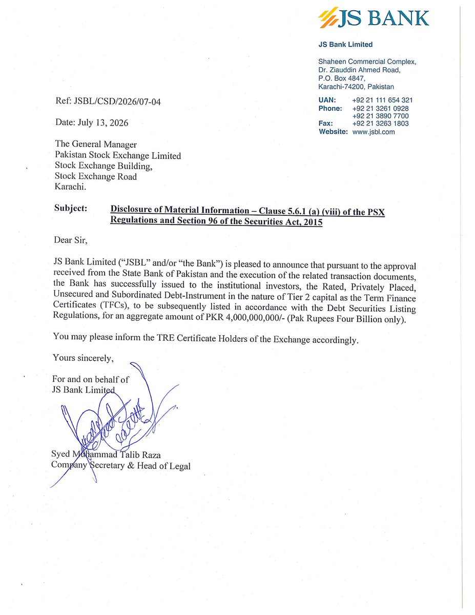 ChasePSXNotices's tweet photo. JSBL - JSBL | JS Bank Limited Material Information
#PSX #Stock #News #JSBL #MaterialInfo https://t.co/7qZW5aOddW