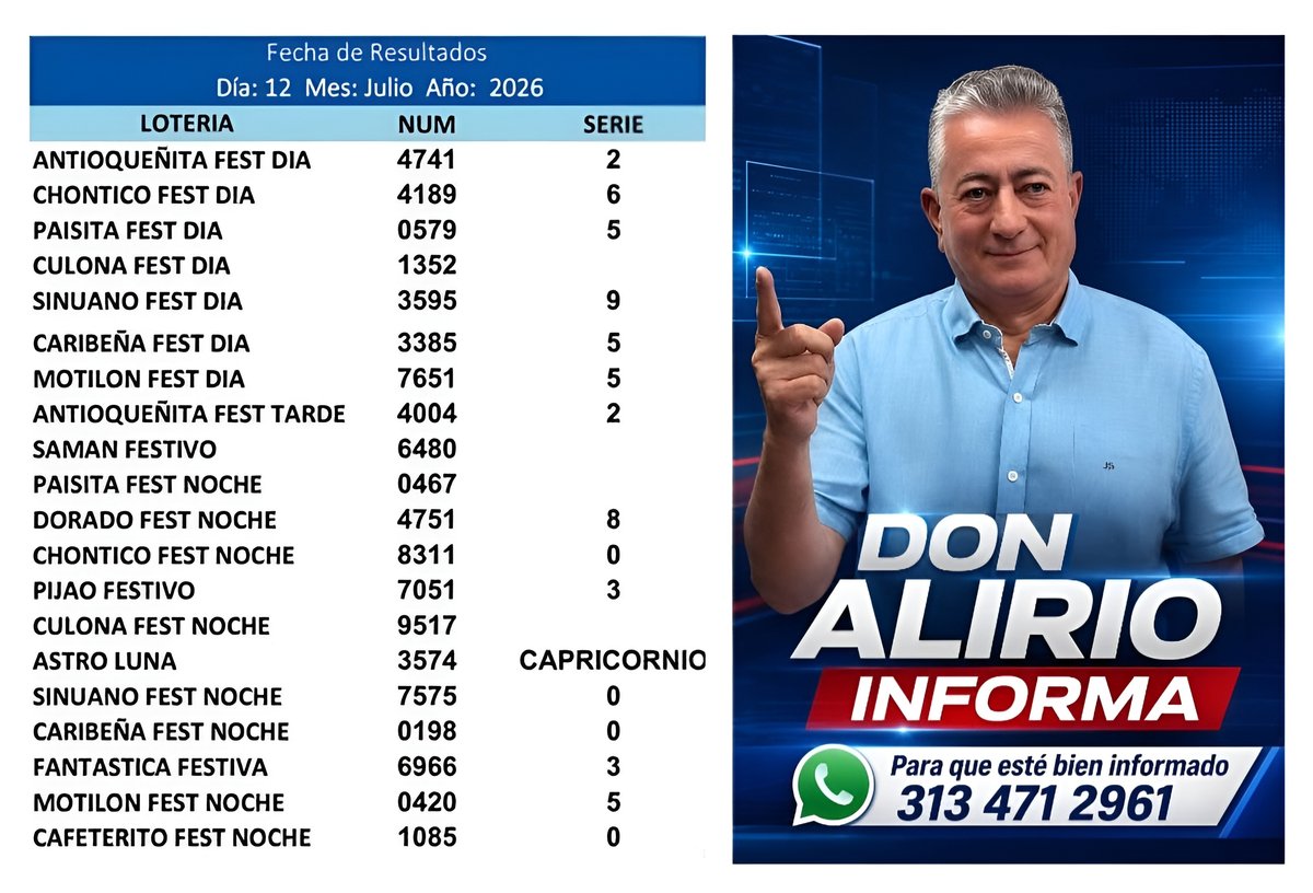 TaxisCucuta's tweet photo. Resultados de loterías y sorteos correspondientes 12 de Julio del 2026 @noticucuta https://t.co/Mi8hGXEH5J