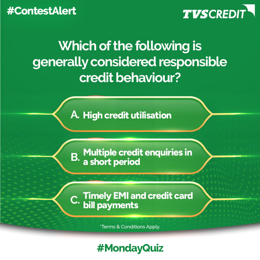 TVSCredit's tweet photo. Building a strong credit profile isn't about borrowing more. It's about borrowing responsibly.

This week's #MondayQuiz puts your credit awareness to the test. Can you identify the habit that's generally considered responsible credit behaviour?

Drop your answer in the comments below. 👇
Tag someone who's working towards building a stronger credit profile.

Terms and Conditions Apply.

#MondayQuiz #CreditAwareness #FinancialAwareness #SmartBorrowing #CreditScore #ResponsibleBorrowing #SmartMoneyMoves #TVSCredit #ContestAlert