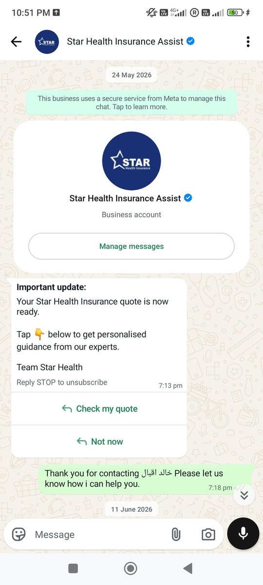 Siwanlive79's tweet photo. @starhealthins की यह कैसी मनमानी है ? मैंने कभी कोई इंश्योरेंस नहीं कराया न ही कभी कोई पॉलिसी ली फिर भी मेरे नंबर पर लगातार ऑटोमैटिक मैसेज भेजे जा रहे हैं ​यह सीधे तौर पर आम नागरिकों की प्राइवेसी और डेटा सुरक्षा में सेंधमारी है। @IRDAIOfficial @consaffairs @TRAI @Airtel_Presence https://t.co/8RBx2OCPGZ