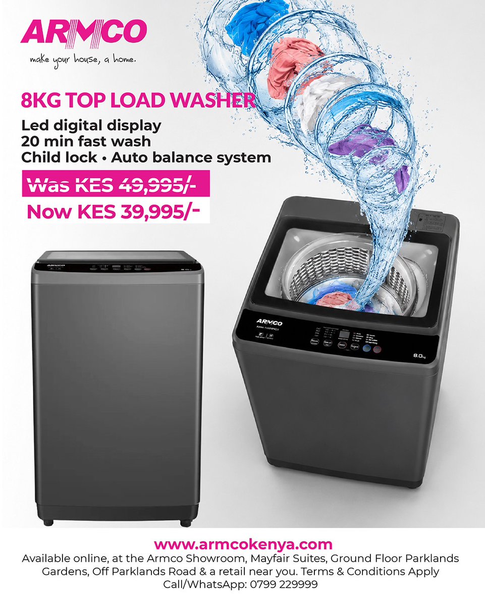 ArmcoKenya's tweet photo. Make laundry easier with the Armco 8KG Top Loading Washing Machine.
Enjoy smart features, efficient washing, and convenient controls designed for modern homes. 🧺✨

🛒 Shop now : https://t.co/dPfPG33mBI
Call: +254 799 229 999

#ArmcoKenya #WashingMachine #LaundryDay https://t.co/69PweraHoo