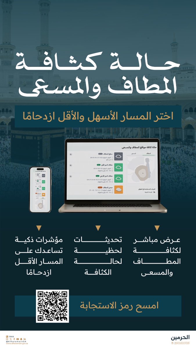 AlharamainSA's tweet photo. ضيف الرحمن |
قبل توجهك لـ #المسجد_الحرام تعرّف على حالة الكثافة؛ لتؤدي عبادتك بكل يسر وطمأنينة. https://t.co/NUAKkS3pla
