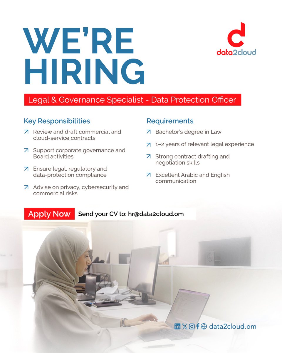 data_2_cloud's tweet photo. We’re Hiring!

data2cloud is looking for a Legal & Governance Specialist – Data Protection Officer to join our team.

If you have a background in law, strong contract skills, and an interest in governance and data protection, we’d love to hear from you.

📩 Send your CV to hr@data2cloud.om

#data2cloud #Hiring #OmanJobs