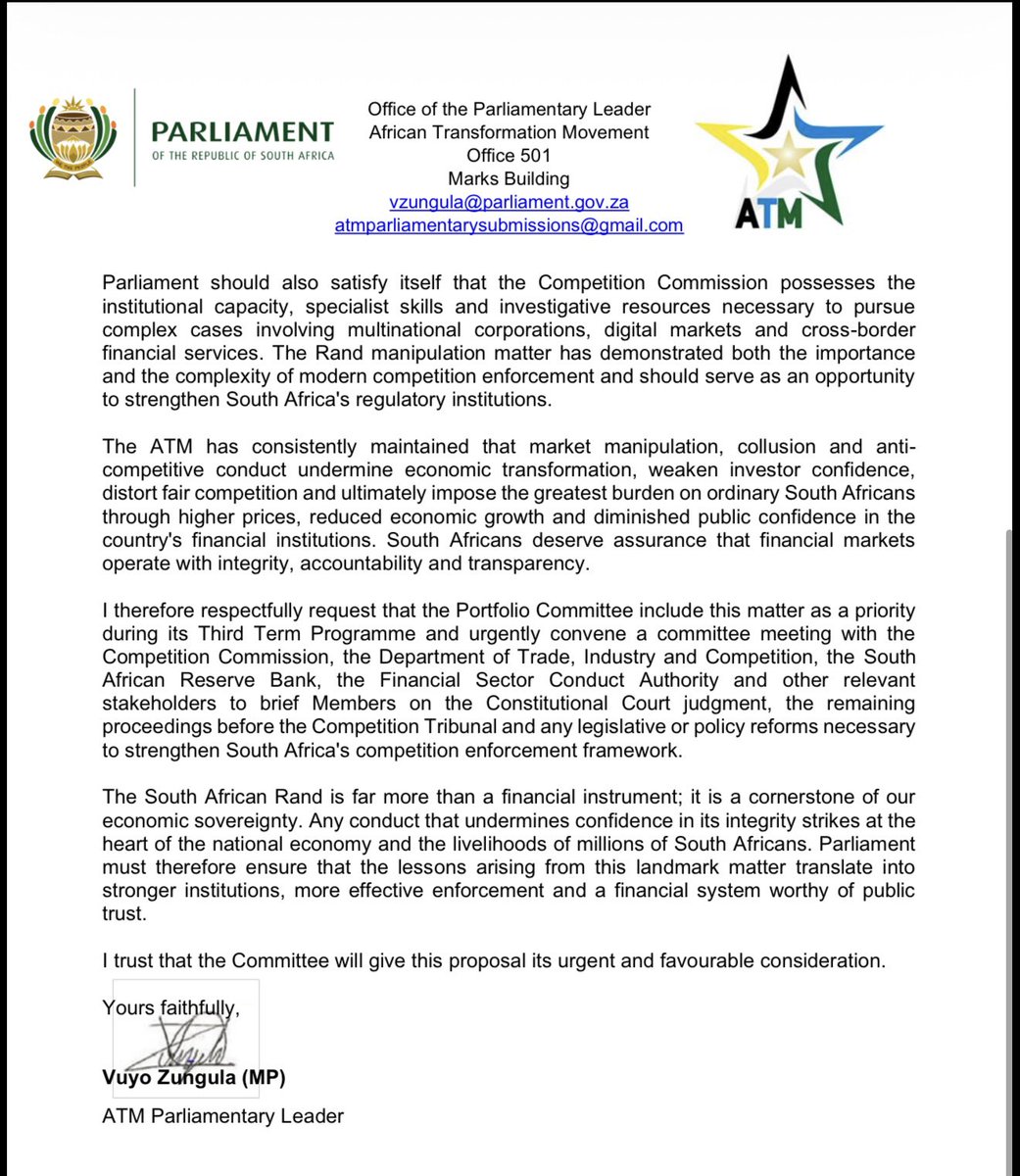 ZungulaVuyo's tweet photo. The Rand doesn't manipulate itself. 

While some are celebrating the court judgment as the end of the story. We are asking Parliament to focus on what comes next. 

South Africans deserve answers, accountability, and stronger laws to stop market manipulation from hurting ordinary people again.