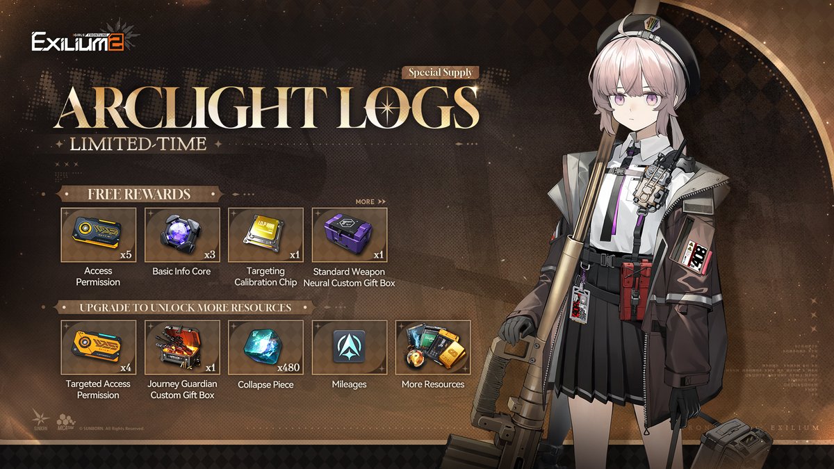 GFL2EXILIUM_EN's tweet photo. Arclight Logs

Participate in Arclight Logs to obtain free rewards such as [Collapse Pieces] and [Access Permission], and upgrade to unlock more resources!

[Duration]
Jul 16, 9:00 - Aug 5, 04:59 (UTC-4)

>> Download on mobile and PC: https://t.co/3G02IJclog
#GirlsFrontline2Exilium #gfl2exilium