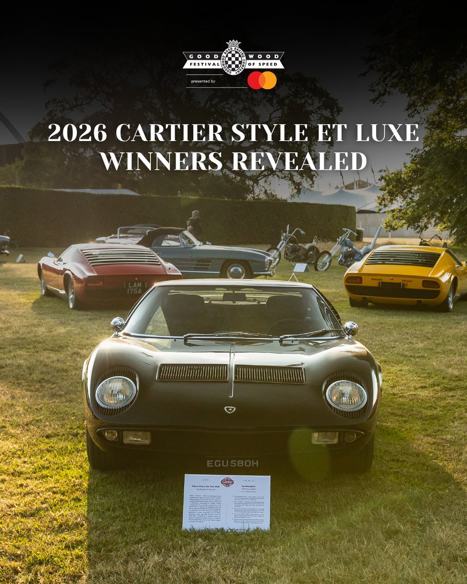 fosgoodwood's tweet photo. There was competition to found everywhere at #FOS 2026, including on the Cartier Style et Luxe Lawn. Here are all the winners of our incredible classes, from the stunning #Lamborghini Muira to the equally brilliant #Peugeot Type 9. Which one of these beauties was your favourite? https://t.co/NHkoV3cx1P