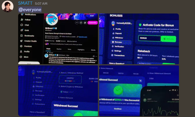 SmartTalk_26's tweet photo. @MrBeast is hacker or maybe rent a hacker to promote his channel by hacking someones account in discord.. all the details he send to my fellow friends are not from mine and i am not winning anything from him.. this is hacking to boost his channel. https://t.co/AqyanvhDY5