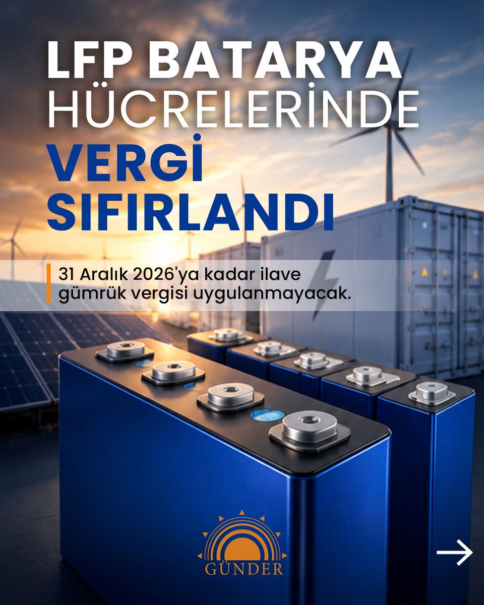GunderSolar's tweet photo. 🔋 ⚡ LFP batarya hücrelerinde ithalat vergisi yıl sonuna kadar kaldırıldı. Resmî Gazete'de yayımlanan karar ile, belirli teknik özelliklere sahip Lityum Demir Fosfat (LFP) batarya hücrelerine uygulanan %30 ilave gümrük vergisi, 31 Aralık 2026 tarihine kadar %0 olarak uygulanacak https://t.co/5wyDpSOJFH