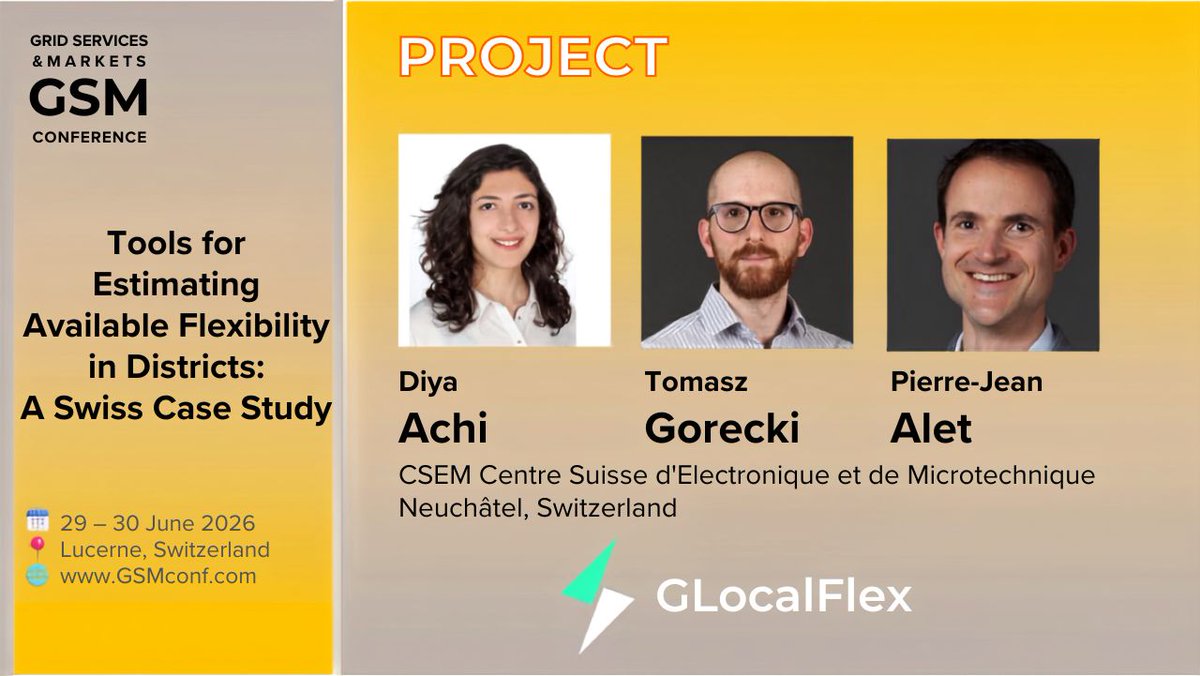 glocalflex's tweet photo. 🔋 CSEM's Digital Energy Solutions team showcased #GlocalFlex at the 8th GSM Conf https://t.co/lzPFTMeCEG in🇨🇭presenting the Valle Verde case study. Results show dynamic PV curtailment can cut peak injections by up to 25%, supporting a smarter, more flexible grid. #HorizonEurope https://t.co/lwdvdG1nV6