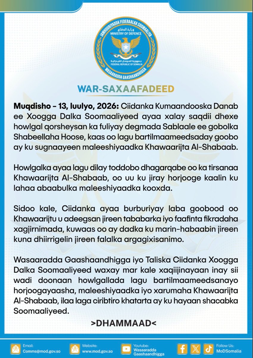 SONNALIVE's tweet photo. The elite Danab Commandos of the SNA executed a planned midnight operation in Sablaale District, Lower Shabelle, neutralizing 7 Al-Shabaab terrorists, including a mobilization leader, and destroying 2 training sites. #Somalia #SNA #SONNA @SNAForce @MoD_Somalia https://t.co/zHhXWrYaW4