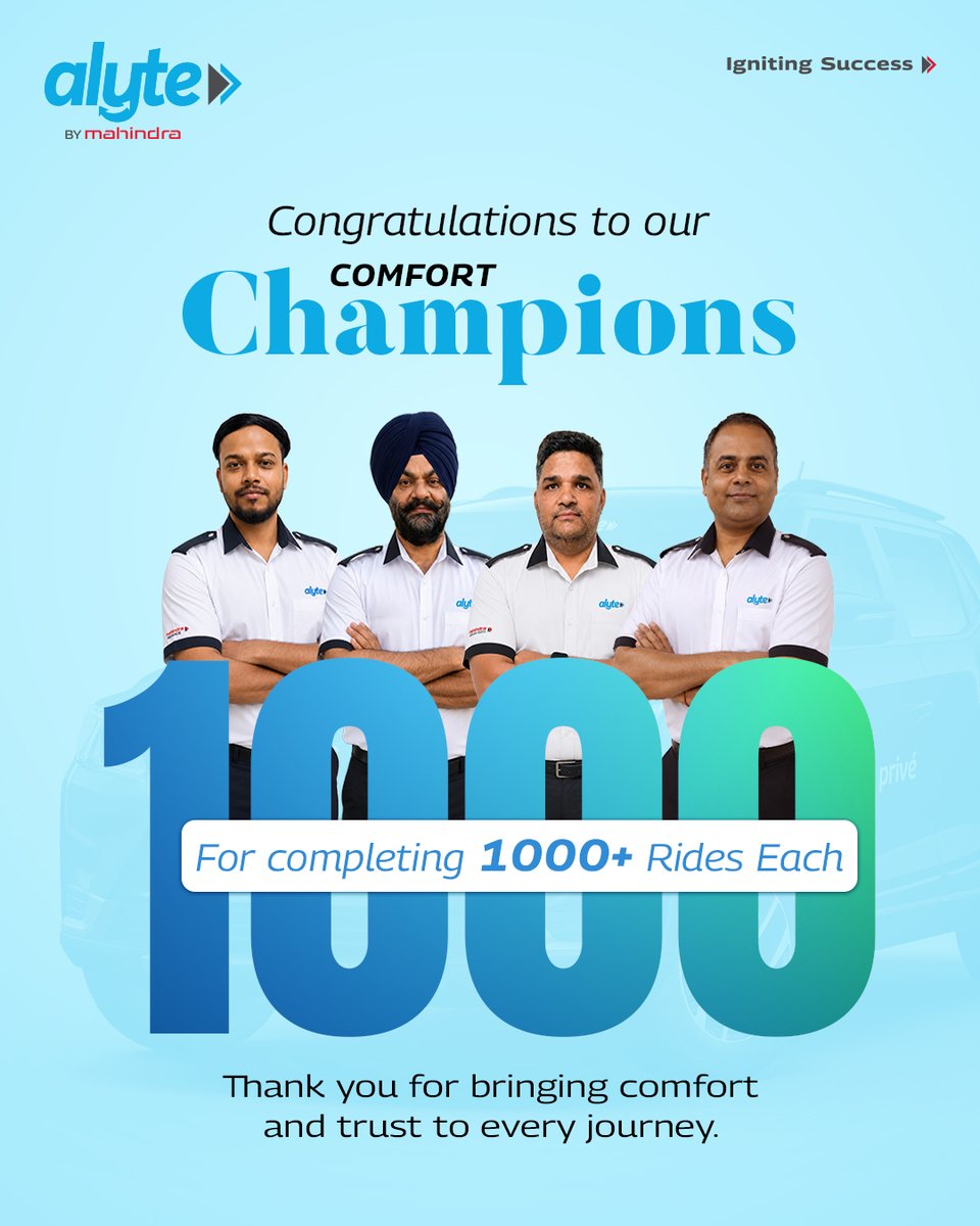 Mahindralog_MLL's tweet photo. Behind every comfortable journey is a Comfort Champion who earns our riders' trust. π
Congratulations to our #ComfortChampions on completing 1,000 rides each! ππ
Here's to many more journeys built on #ComfortMeetsTrust.
#Alyte https://t.co/UtB2C3QU0o
