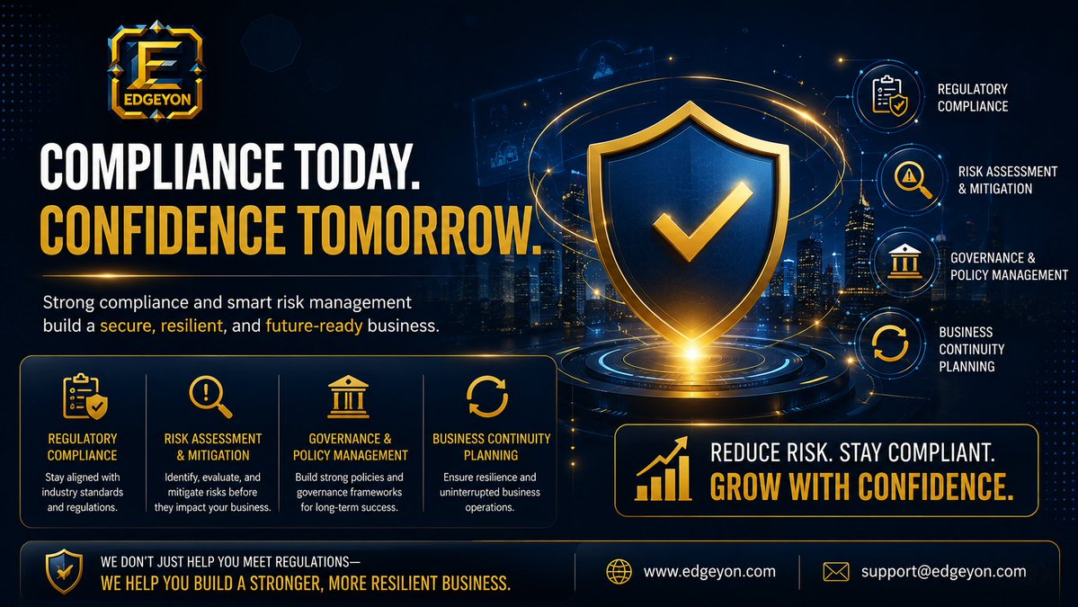 Trend__fusion's tweet photo. Compliance Today. Confidence Tomorrow
Ignoring compliance isn't just a legal risk it can become a business risk.
https://t.co/qybApDuIrF
 support@edgeyon.com
#Compliance #RiskManagement #CyberSecurity #Governance #BusinessContinuity #DigitalTransformation #Technology #Edgeyon https://t.co/Ca4shTWIAI