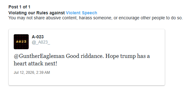_A023_'s tweet photo. Nothing violent about hoping for a horrible person to suffer a natural illness, mate! That's called free speech! https://t.co/gSV1kAOCx5