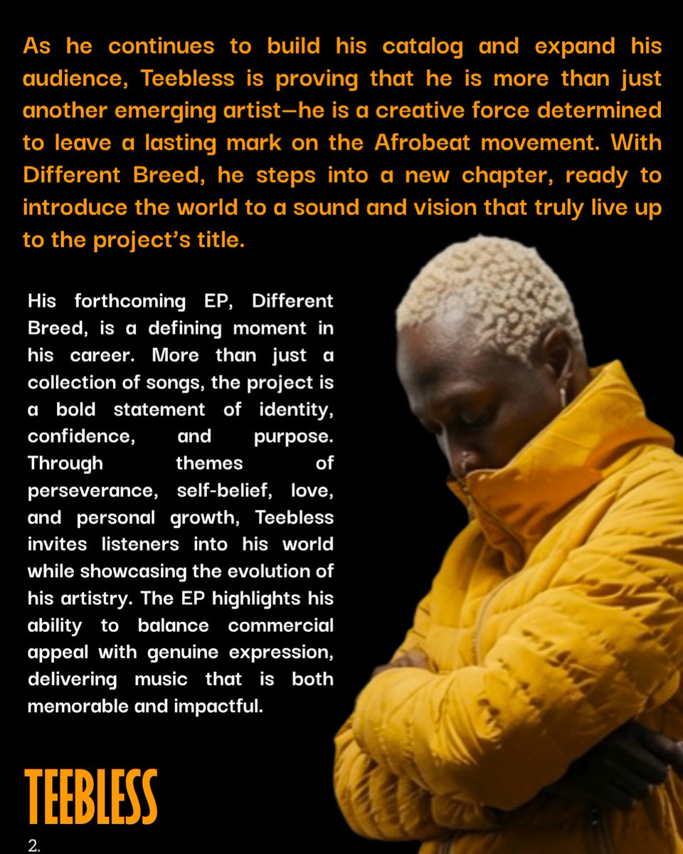 Thenextwavers's tweet photo. Different sound. Different mindset. Different Breed is coming. Thank you for believing in the journey. 🧡
#Teebless #DifferentBreed #Afrobeats #NewMusicSoon https://t.co/JPaOlr8088