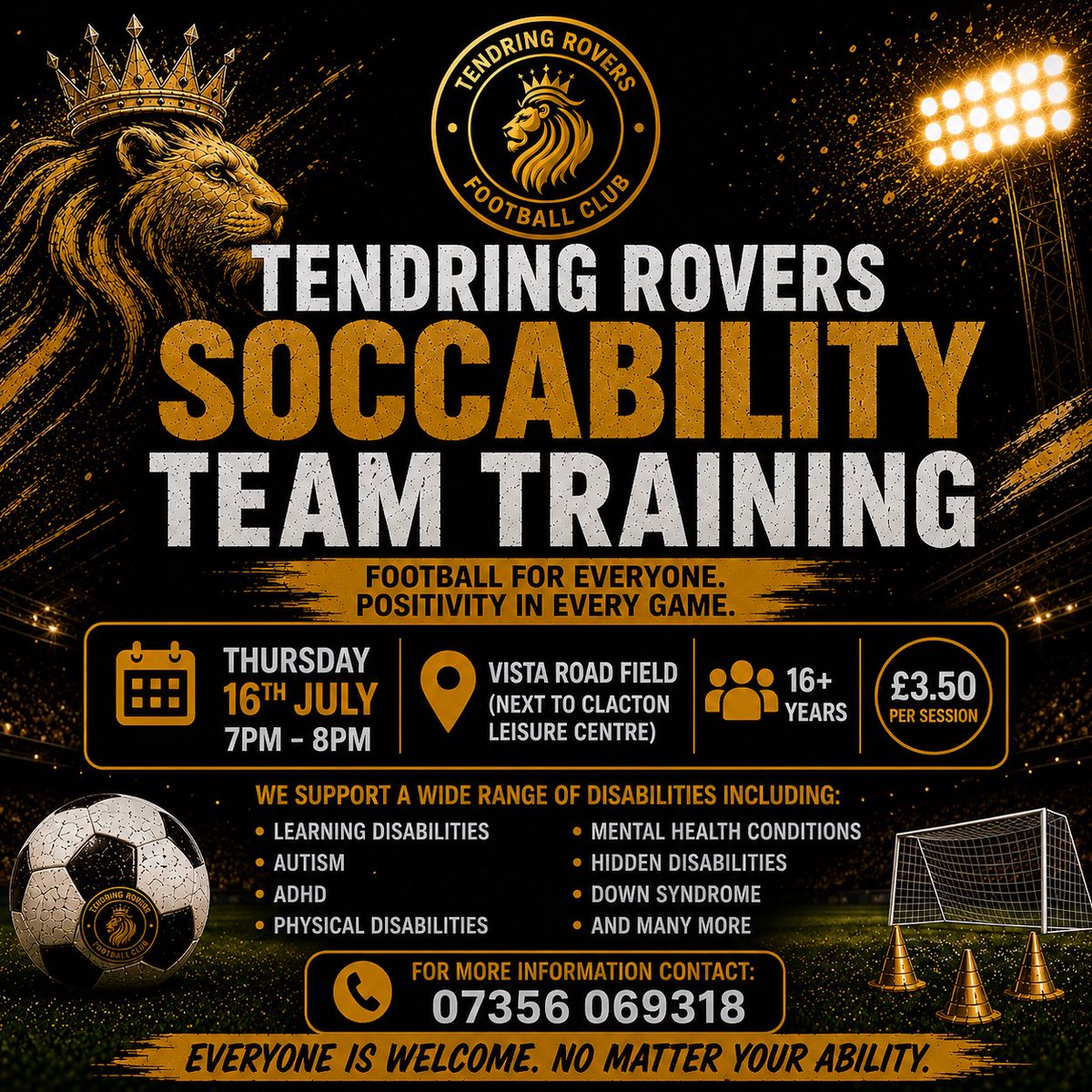 TendringRovers's tweet photo. ⚽ Join our Tendring Rovers Soccability training session this Thursday 16th July!

🕖 7–8pm
📍 Vista Road Field, Clacton
💷 £3.50 | Ages 16+

Inclusive football for all abilities. New players always welcome! 💛🖤

📞 07356 069318
#Soccability #InclusiveFootball #Clacton https://t.co/tmhA6KPN4B