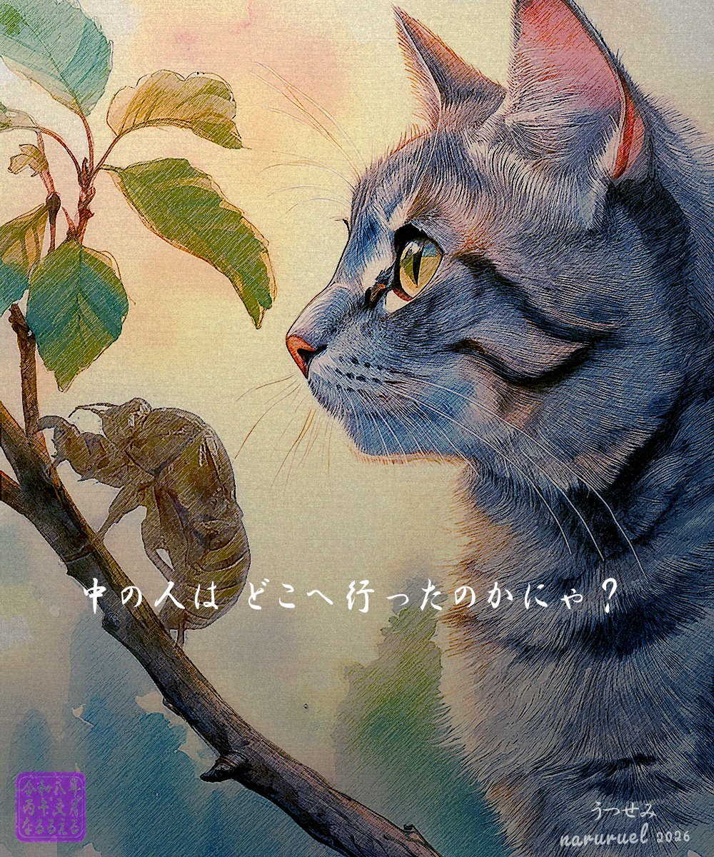 naruruel's tweet photo. (*´ω【うつせみ】ωΦ)੭⁾⁾
(*ΦωΦ)੭⁾⁾… あれっ中身がからっぽにゃ 中の人は どこへ行ったのか にゃ？
(*´ω｀*)ノ… ふふふっ 君の情熱的な視線を察知���てかな 着物だけを残して どこかへ 飛び去ってしまった んじゃないのかなぁ
(*ΦωΦ)੭⁾⁾… 残念 友達になろうと思ったのに にゃぁ…
(*´ω｀*)ノ… うんうん でもさ 耳をすますと その子の声は聞こえてくるはずだよ