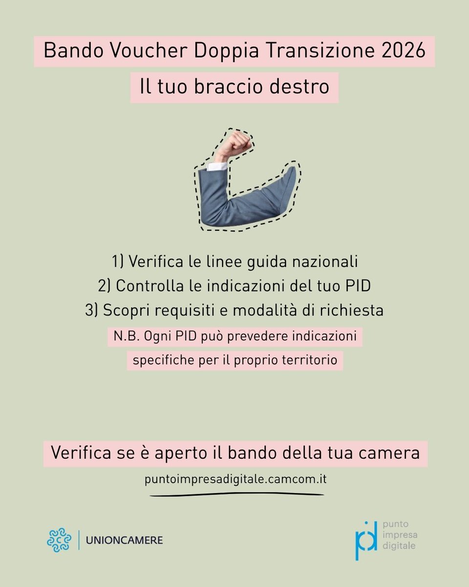 PID_CamCom's tweet photo. 🔍 Cerchi il bando #VoucherDoppiaTransizione del tuo territorio?

Sul portale #PID trovi l'elenco delle Camere di commercio che lo hanno attivato, con le relative linee guida e modalità di partecipazione.

Consulta la pagina➡️ https://t.co/sHs5R7gSnm https://t.co/Xhncvk52jf