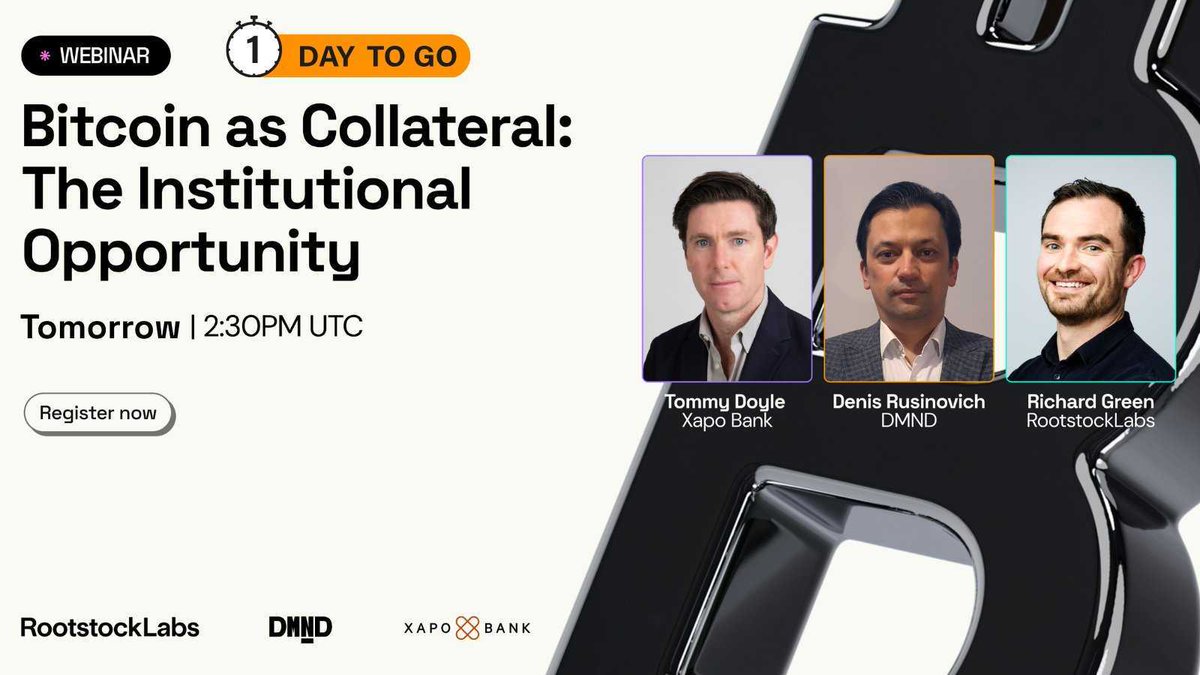 xapobankapp's tweet photo. Looking for ways to access liquidity without liquidating your Bitcoin reserve? 

Don't miss this upcoming webinar featuring Tommy Doyle (@XapoBankApp), Richard Green (@RootstockLabs), and Denis Rusinovich @DenisRusinovich (@DMND_Sv2). 

They’ll be deep-diving into Bitcoin-backed financing, managing liquidation risk, and institutional treasury strategies.

🔗 Secure your spot: https://t.co/Xn6EPOzxVo