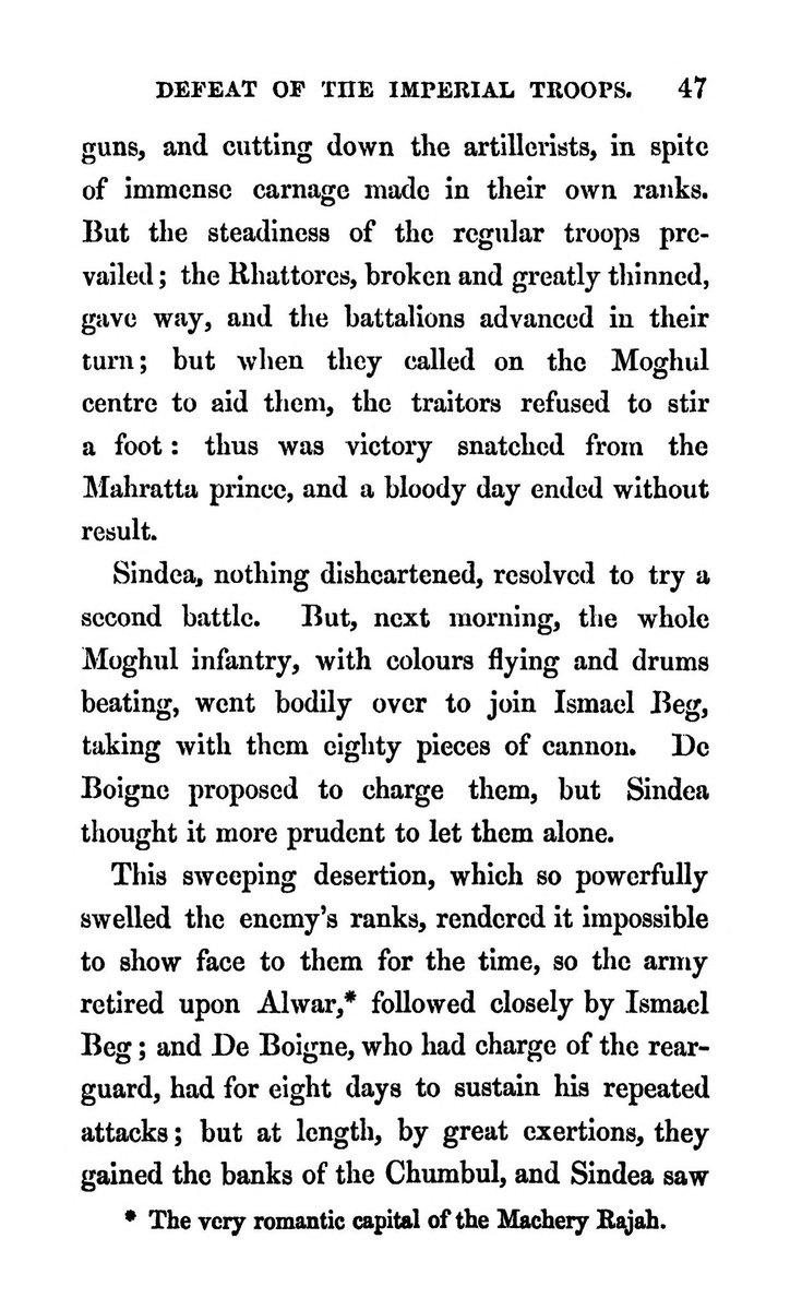 Rustum_0's tweet photo. The Marathas nearly won the battle of Lalsot (1787). Colonel James Skinner details how the defection of Muslim troops converted an assured Maratha victory into a defeat.

About 25 imperial battalions (~20,000 troops) were present, almost all of whom defected, carrying away 80 cannon.