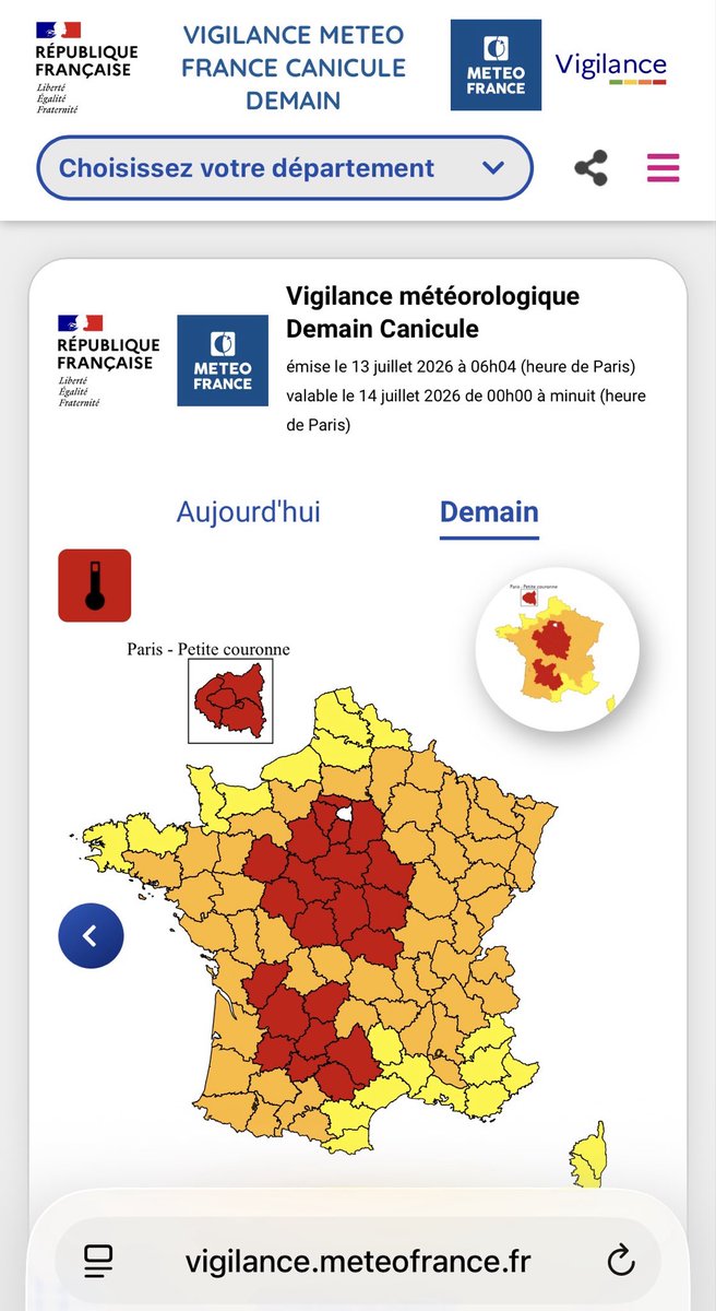Chelmi_mich's tweet photo. Donc demain #14juillet à #paris c’est Alerte Rouge Canicule 🔴
Mais le défilé sur les #champselysées est maintenu ! 
C’est inadmissible et incompréhensible pour les hommes et les animaux (chevaux, chiens…) qui défilent 

#meteo https://t.co/TBnRxfhYNm