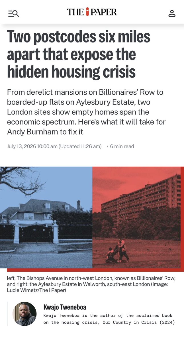 Kwajotweneboa's tweet photo. More than 1 Million homes including mansions sit empty across the UK. 

From Billionaires’ Row to the Aylesbury Estate. 

Here’s what it will take for Andy Burnham to fix it 👇🏽

✍️ @theipaper @SKutchinsky https://t.co/0cfXXsMc0D