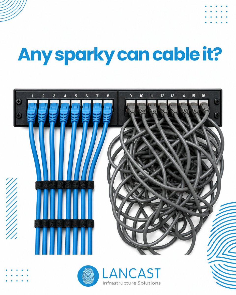 lancastirl's tweet photo. A badly terminated cable run degrades your network for years with no alarm, no error, just meetings that lag and file transfers that stall. Structured cabling isn't general electrical work. Get it specified and tested by the people who have to live with the network after. https://t.co/Y81CgJSgka
