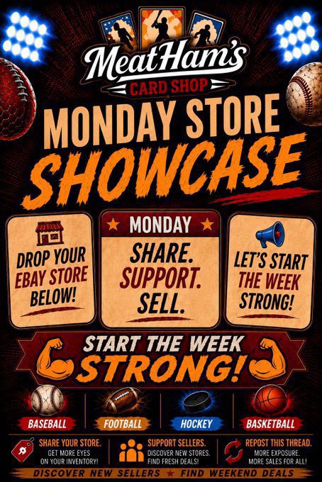 Gbpoker0710's tweet photo. 🚨 MONDAY STORE SHOWCASE! 🚨

Drop your eBay store below! 👇

Let’s start the week strong by putting some fresh eyes on everyone’s inventory! 👀

🤝 Follow a few sellers.
❤️ Like a few listings.
🔄 Repost this thread.

SHARE. SUPPORT. SELL.

I’m working toward 1,000 followers and appreciate every bit of support! 🚀

#THFPro #TheHobby #TheHobbyFamily #TTBCrew #eBaySeller #eBay