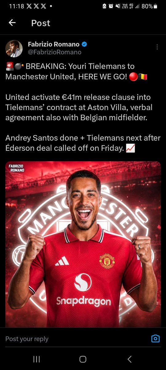 Sonicfreak4's tweet photo. Didn't expect this signing to happen in real life because when I play FIFA/EA Sports FC Manchester United career mode I always sign Youri Tielmanns and this happen.

I hope we get Valverde and that's complete our midfield 

#MUFC https://t.co/KSJA3ezZy1