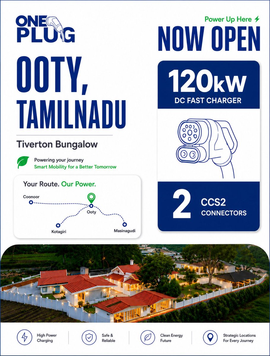 OneplugEv's tweet photo. ⚡ Now Live @ Tiverton Bungalow, Ooty! 🌿  https://t.co/6VYHv2ieVa  📍 A premium charging destination for EV travelers—recharge your vehicle while relaxing amidst the scenic beauty of the Nilgiris at Tiverton Bungalow. https://t.co/OUuiJ9R1Ek