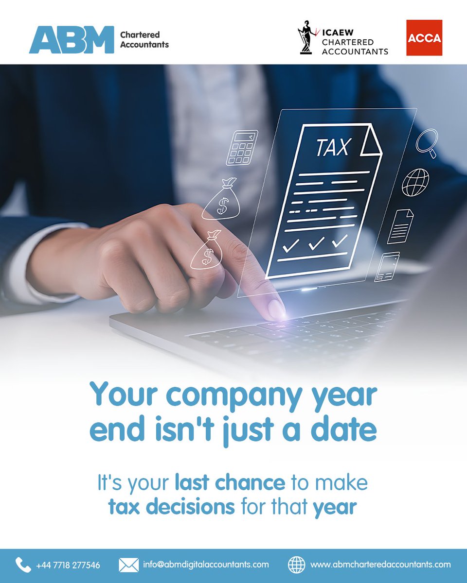 abmacountants's tweet photo. Your year end is your last opportunity to make smart #tax decisions. 📊

Review your #finances, maximise tax-saving opportunities, and finish the #financial year with confidence.

Plan ahead with expert guidance from #ABM.
🔗https://t.co/JXb30kaO80

#HMRC #Accounting #UK #London https://t.co/VS53PsmBFl