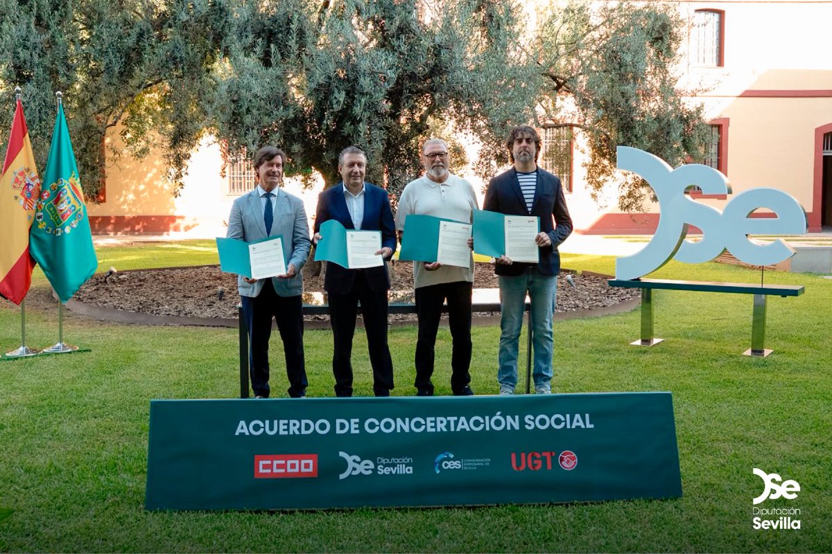 DIPUSEVI's tweet photo. 🤝 La Diputación de Sevilla, @ccoosevilla, @ugtsevilla y la @CES_Sevilla han firmado los Convenios Específicos de Concertación Social para 2026, dentro del Acuerdo Marco de Concertación Social de la Provincia 2023-2026.

El presidente de la Diputación de Sevilla, @JFdezdelosRios, ha destacado la importancia de este acuerdo para generar espacios de confianza, favorecer la estabilidad económica y situar a Sevilla como un territorio con mejores condiciones para invertir, emprender y crear empleo.

Los convenios ponen el foco en la formación orientada al empleo, la innovación empresarial, la prevención de riesgos laborales, la inclusión social, la optimización de los servicios públicos y el reequilibrio territorial de los municipios sevillanos.

Una alianza para seguir fortaleciendo el tejido productivo, mejorar las oportunidades de la ciudadanía y avanzar en una provincia más cohesionada.