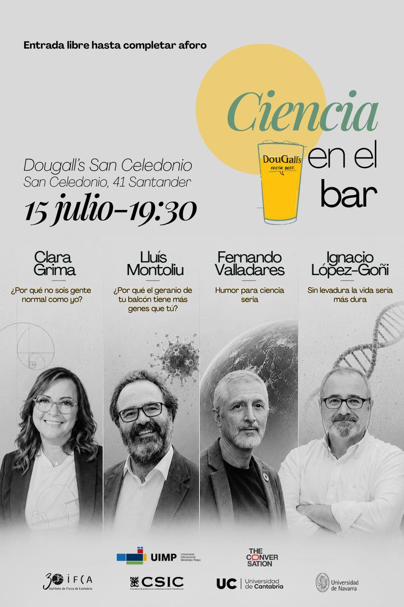 microBIOblog's tweet photo. No es por dar envidia, pero el miércoles 15 de julio a las 19:00 nos juntamos Clara Grima, @LluisMontoliu, @FernandoVallada y un servidor para charlar de ciencia en un bar.

En el Dougall´s San Celedonio en Santander. https://t.co/1wgj8HGl9O