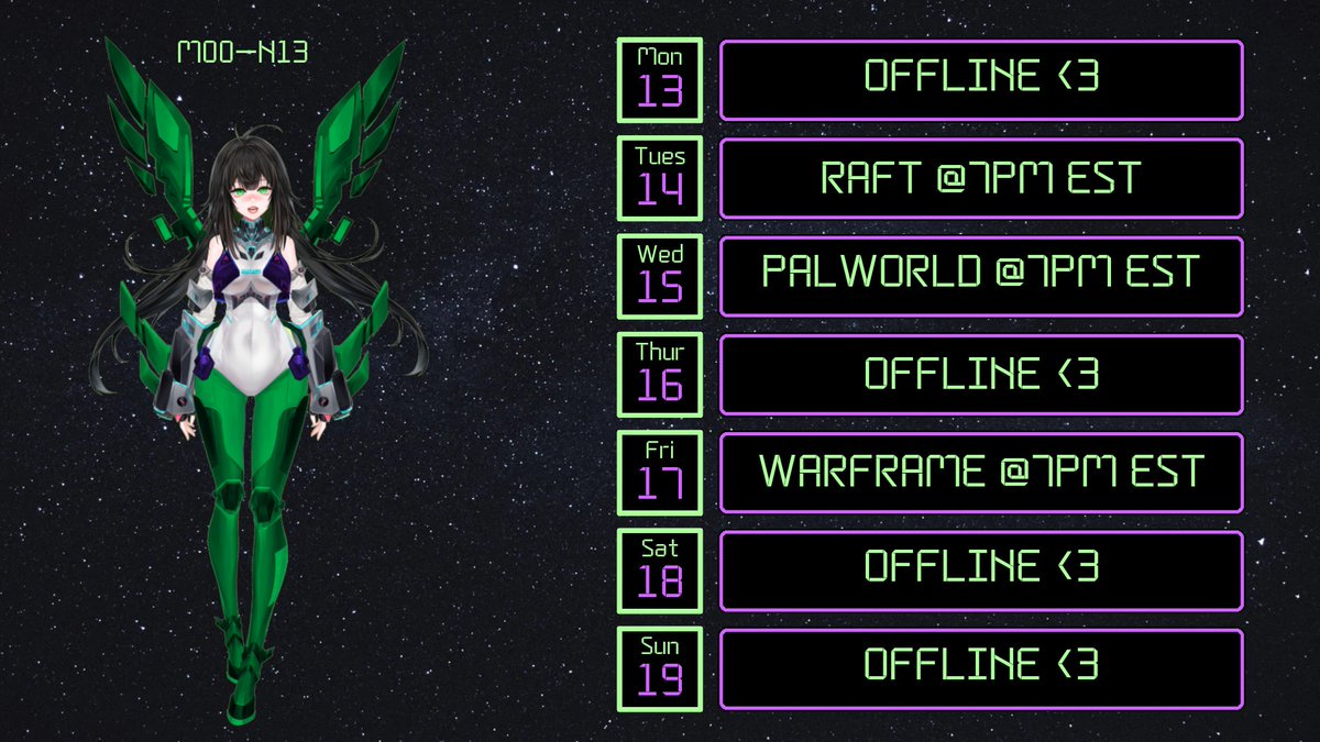 M00_N13's tweet photo. Stream schedule for this week. Hope to see you there~

#streamer #raft #palworld #warframe https://t.co/siUVAIixq8