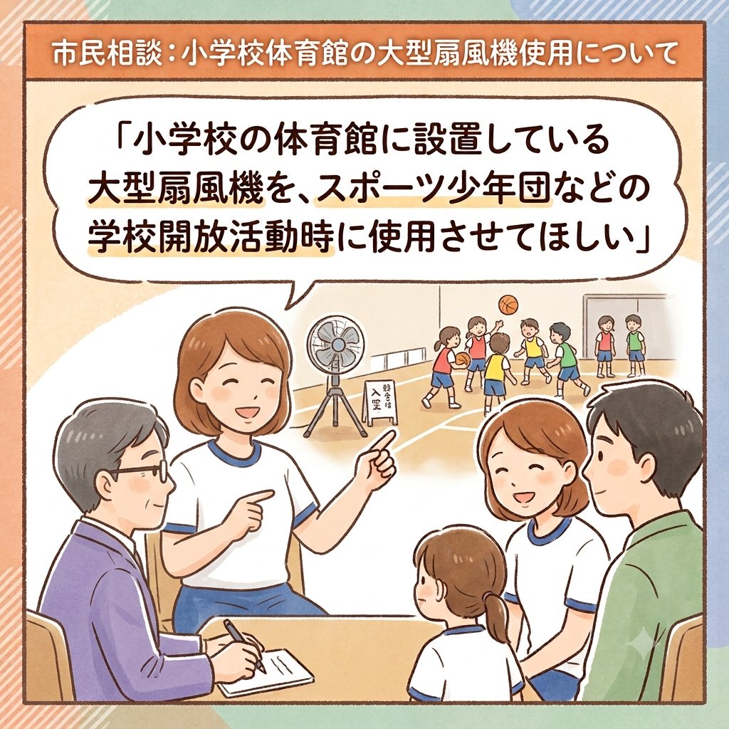 KHaruta's tweet photo. 「スポーツ少年団で、小学校の体育館を使用しているが、とにかく暑すぎて子ども達が心配。学校にある大型扇風機を学校開放時にも使わせて欲しい」との市民相談をお受けしました。
　教育委員会に確認すると、「学校の備品であるため、学校開放に使用するのは目的外となる。教育活動が優先であるが、各学校での判断になる。」との事。
　勿論、各学校現場でも放課後であっても、地域の方々の熱中症予防のため、快く使用を快諾いただいているとは思いますが、再度し、使用を許可してもらえるよう通知を徹底していただくようお願いしました。
　昨日から梅雨明けとなり、酷暑となっています。大会参加に向けた練習にも熱が入る時期でもあるので、事故の無いように心を配って参ります。
　高松市では私たち公明党の推進で、体育館への空調設備を令和７年度から11年度までの5か年で設置するとして進めています。早く設置をしたいですね！
　#高松市　#体育館の空調　#高松市議会
