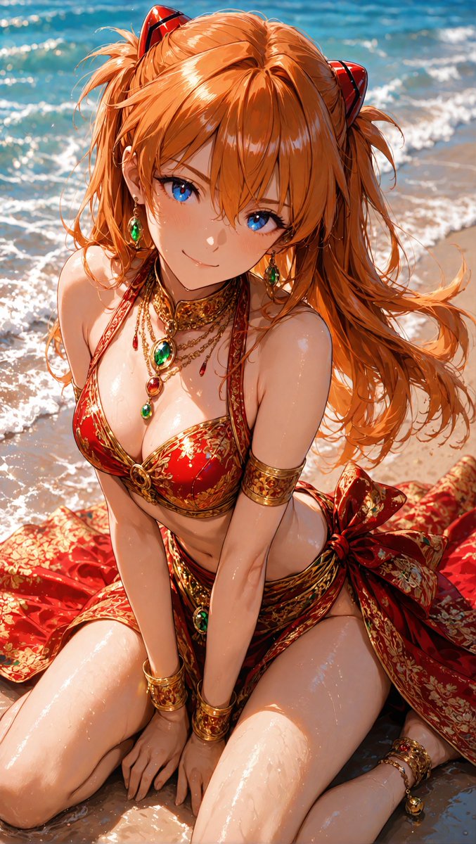 gohant_to's tweet photo. 波打ち際の紅金アスカ
赤金の刺繍と宝石が、夏の陽光にきらめく一枚。 https://t.co/1TztvLVd3i