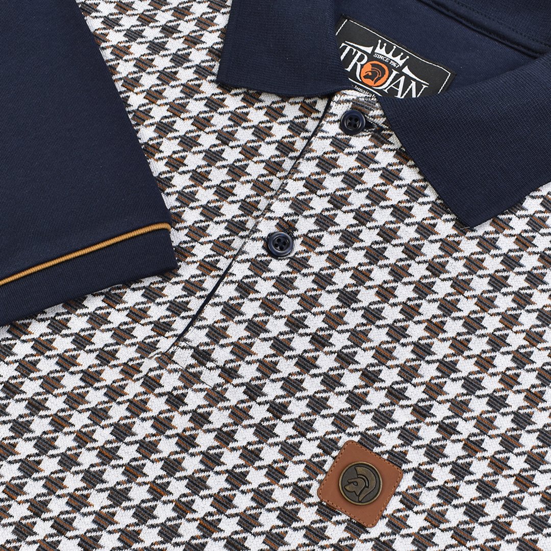 shopmodfellas's tweet photo. Lots of patterns available from Trojan Records including this navy houndstooth panel polo @ https://t.co/UEBv3M84iM #modclothing #mensfashion https://t.co/WOuOEteEH8