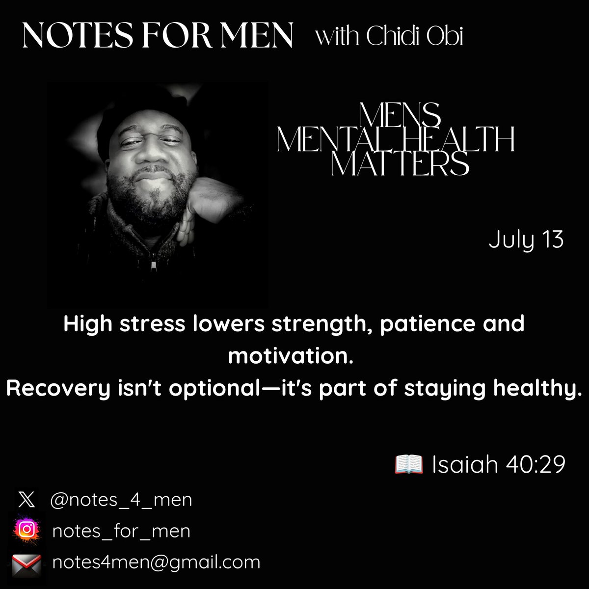 Notes_4_Men's tweet photo. When stress remains high, testosterone often falls. This can affect motivation, patience, confidence and even relationships. Recovery isn't a reward after hard work, it is part of the work. Sleep, exercise, prayer and quiet moments help restore what constant pressure takes away. https://t.co/hqjmaLWu08