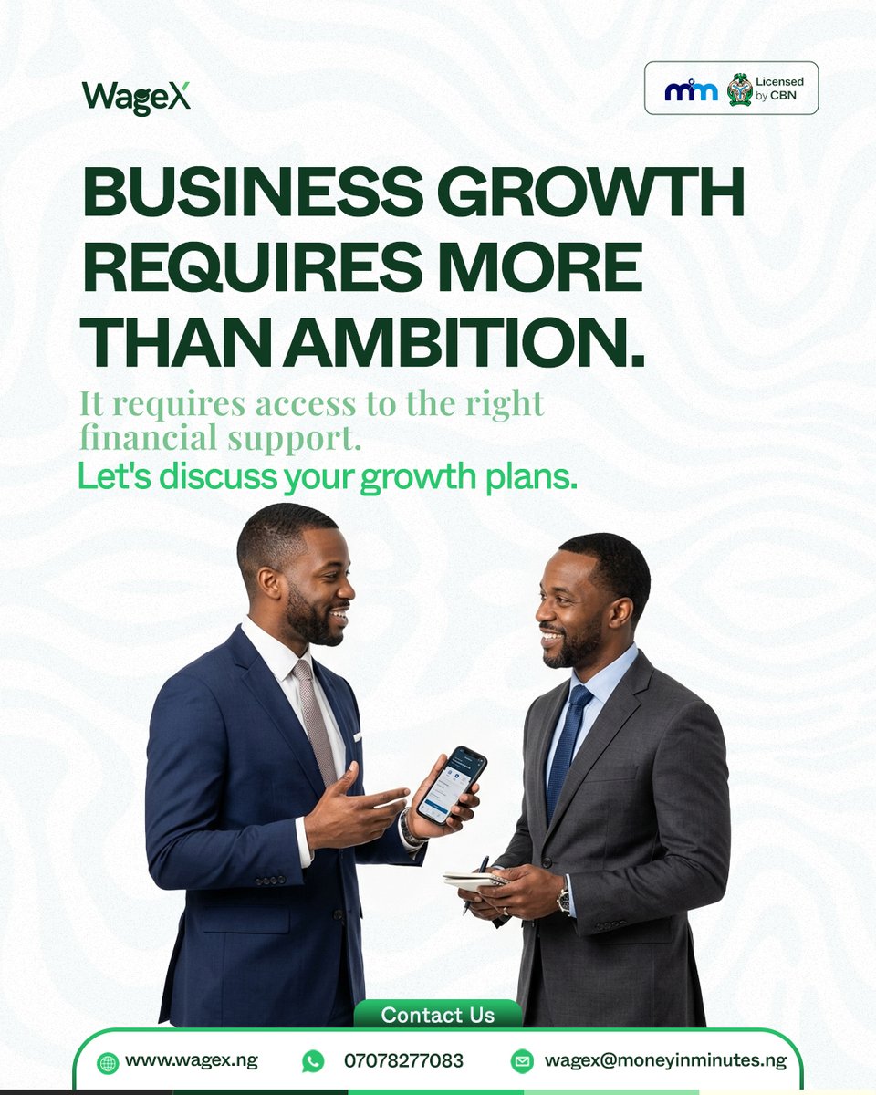 WageXng's tweet photo. Great businesses aren't built on ambition alone.

The right support at the right time can make all the difference in a business's growth journey.

What's the biggest challenge facing entrepreneurs today?

#WageX #BusinessGrowth #SMEs #Entrepreneurship https://t.co/Qty1gmloEm