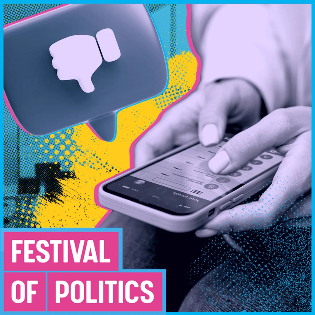 Close-up of hands holding a smartphone with a thumbs-down icon floating nearby, set against a blue and yellow background.