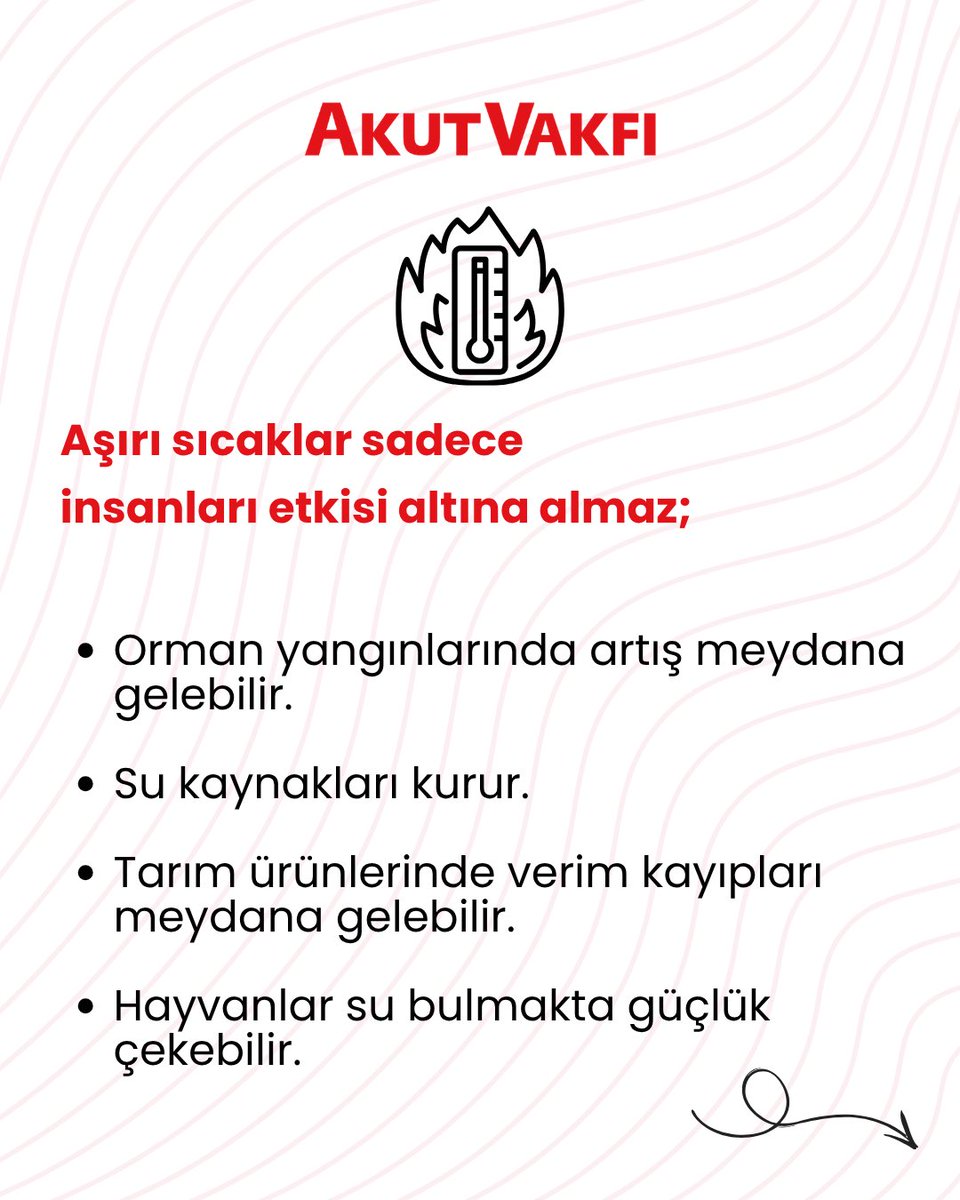 AKUTVAKFI's tweet photo. Sıcak hava dalgalarına karşı önleminizi alın ⚠️

Aşırı ısınan hava sadece biz insanları değil tüm canlıları ve doğayı ne yazık ki olumsuz yönde etkilemektedir bu nedenle ufak farkındalıklar ve alacağınız önlemler oldukça önemlidir.

#AKUTVAKFI #KeşkelerOlmasın https://t.co/dOylOa8vnR