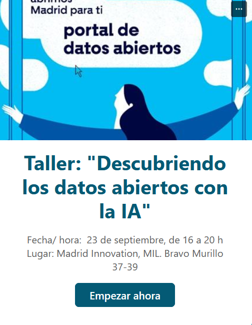 datosgob's tweet photo. Ya está abierta la inscripción para el taller gratuito "Descubriendo los datos abiertos con la IA" que tendrá lugar el 23 de septiembre en el Madrid Innovation Lab. Las plazas son limitadas. Regístrate aquí:  https://t.co/6XvtpXIh99 https://t.co/wHGFgZlQCO
