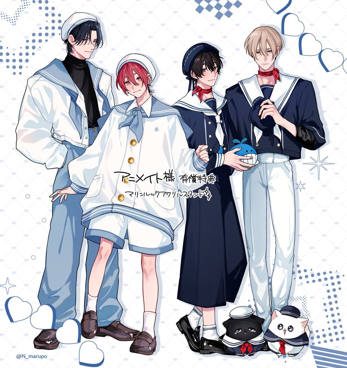 N_marupo's tweet photo. ✧⋆.˚──  アニメイト様有償特典 ──⋆.˚✧
     【マリンルックアクリルスタンド⚓️】

8月発売に合わせて夏にぴったりの衣装をみんなに着てもらいました🤍💙
4人と2匹の身長差こんな感じです.ᐟ.ᐟ https://t.co/yvPZtdJo37