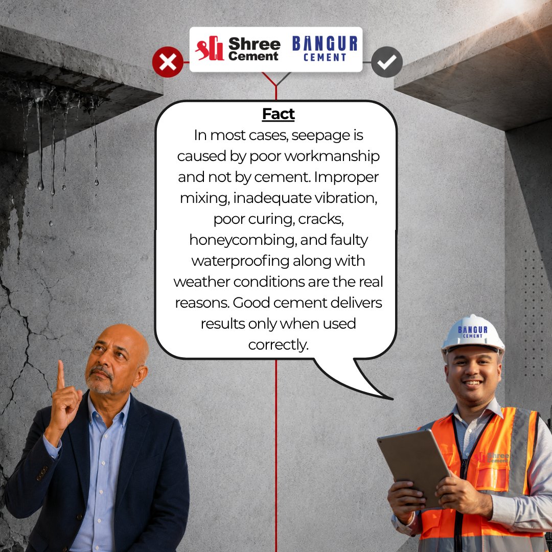 shreecementltd's tweet photo. Concrete facts, not concrete myths!

#MondayMythBuster is here to debunk common misconceptions about concrete and construction practices, and set the record straight.

Is slab seepage caused by poor cement quality? Let’s dive into some solid facts!

#ShreeCement #BangurCement https://t.co/JvbCdaNtEm