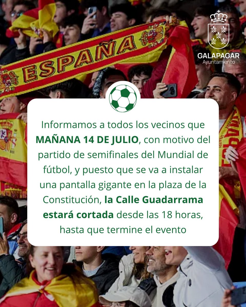 AytoGalapagar's tweet photo. ⚽🚫 Con motivo de la semifinal del Mundial entre Francia y España y de la instalación de la pantalla gigante en la Plaza de la Constitución, la calle Guadarrama permanecerá cerrada al tráfico desde las 18:00 horas y hasta la finalización del partido 🇪🇸

Disculpad las molestias🙏 https://t.co/Mx8NQmU2SJ